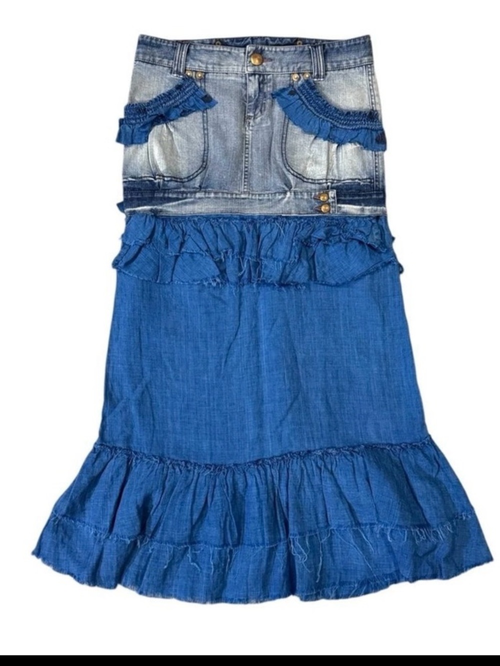 ARMANI EXCHANGE Denim & Blue Ruffle Maxi Skirt